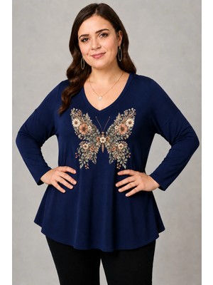 Curvy Trend Büyük Beden Floral Butterfly Baskılı V Yaka Uzun Kol Geniş Etekli Bluz Lacivert