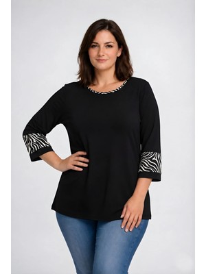 Curvy Trend Büyük Beden Biye ve Bilek Zebra Detaylı Truvakar Kol Bluz
