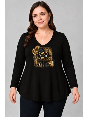 Curvy Trend Büyük Beden Own Your Power Baskılı V Yaka Uzun Kol Geniş Etekli Bluz