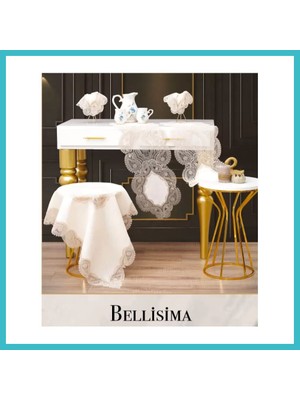 Defne Store Salon Takımı 5 Parça Keten Dantelli Masa Örtüsü Runner Seti Bellisima Model No 800 -Krem-Kapiçino Dfnbez