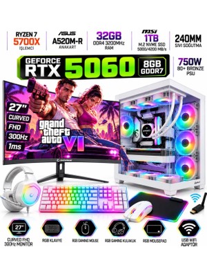 Apphirex Tcw1 Ryzen 7 5700X 32GB 1tb M.2 SSD RTX5060 27'' 300HZ Sıvı Soğutmalı Beyaz Masaüstü Oyuncu Bilgisayarı