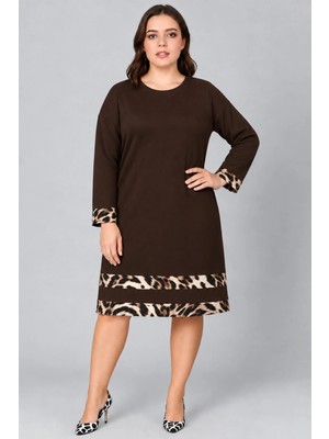 Curvy Trend Büyük Beden Kol Ucu ve Eteği Leopar Garnili Uzun Kol Viskon Elbise Kahverengi