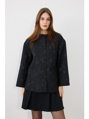Gusto Yuvarlak Yakalı Jakar Kaftan - Lacivert