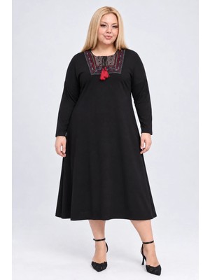 Curvy Trend Büyük Beden Nakış Yakalı Geniş Kesim Uzun Kol Viskon Elbise