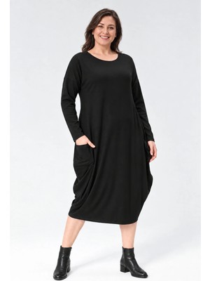 Curvy Trend Büyük Beden Baseni Geniş Kesim Uzun Kol Elbise
