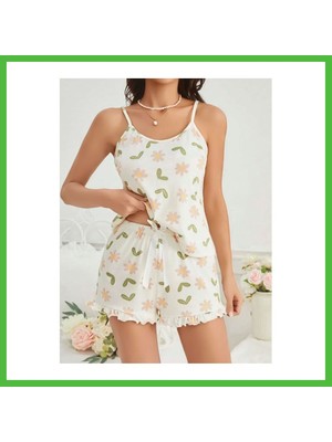 Bezos Kadın Ekru Çiçek Baskılı Şortlu Gecelik Pijama Takımı 5047 · Beden: L/xl · Renk: Ekru Arz