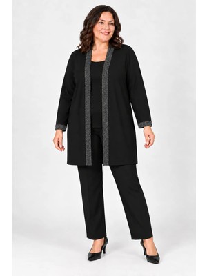 Curvy Trend Büyük Beden Yaka ve Kol Ucu Simli Hırka