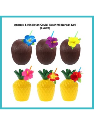 Defne Store Ananas & Hindistan Cevizi Tasarımlı Pipetli Bardak Seti (6 Adet) Dfnbez