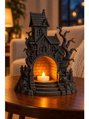 Eb Studio Gölgeler Şatosu – Siyah Gotik Kale LED Mumluk, Dekoratif Masaüstü ve Raf Süsü