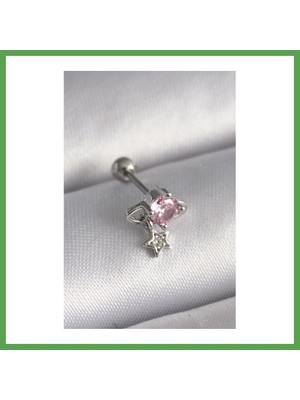 Bezos 316L Çelik Gümüş Renk Pembe Zirkon Taşlı Sallantı Yıldız Detay Tragus Piercing Mgc