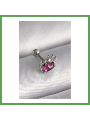 Bezos 316L Çelik Gümüş Renk Pembe Mineli Kalp Zirkon Taş Detaylı Taç Tragus Piercing Mgc