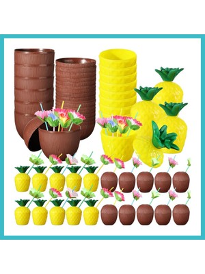 Defne Store Tropikal Parti Bardak Seti ? Ananas ve Hindistan Cevizi Şekilli Pipetli Bardaklar (20 Adet) Dfnbez