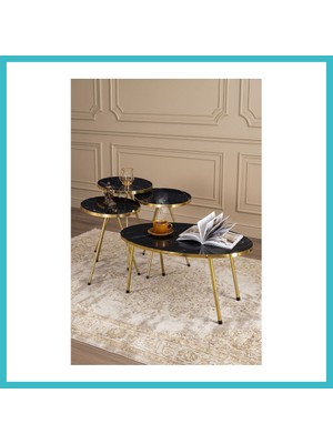 Defne Store Zigon Sehpa ve Orta Sehpa Elips Set Altın Metal Ayak Altın Dfnbez