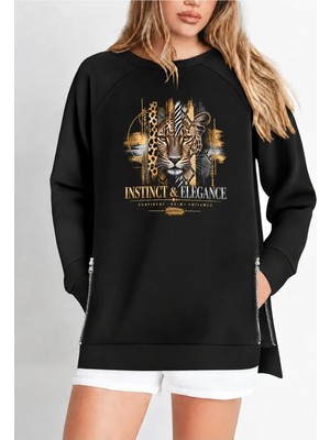 Curvy Trend Büyük Beden Instinct Elegance Baskılı Fermur Yırtmaç Detaylı Oysho Kumaş Reglan Kol Sweatshirt