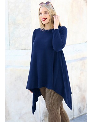 Curvy Trend Büyük Beden Etek Verev Uç Uzun Kol Tunik Lacivert