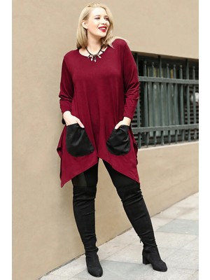 Curvy Trend Büyük Beden Deri Cepli Yırtmaçlı Uzun Kol Tunik Bordo
