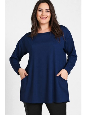 Curvy Trend Büyük Beden Cepli Parçalı Tunik Lacivert