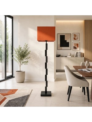 Venüs Nova Venüs Keid | Modern Mat Siyah Metal Lambader | Turuncu Kare Kumaş Başlık | Ayaklı Premium Aydınlatma