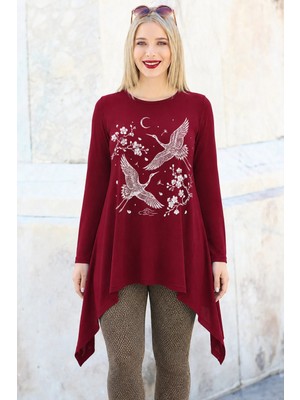 Curvy Trend Büyük Beden Crane Baskılı Etek Verev Uç Uzun Kol Tunik Bordo