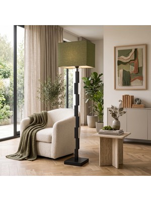 Venüs Nova Venüs Keid | Modern Mat Siyah Metal Lambader | Haki Kare Kumaş Başlık | Ayaklı Premium Aydınlatma