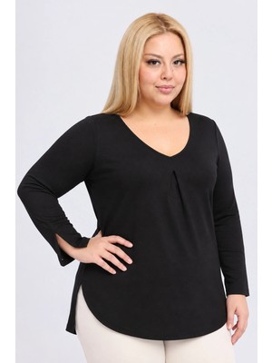 Curvy Trend Büyük Beden Pliseli V Yaka Kol Ucu Yırtmaç Detaylı Tunik