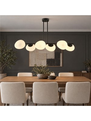 Apliqa *beyaz Camlı*tristan 6'lı Sıralı Siyah Modern Yemek Masası Üstü, Salon Avize