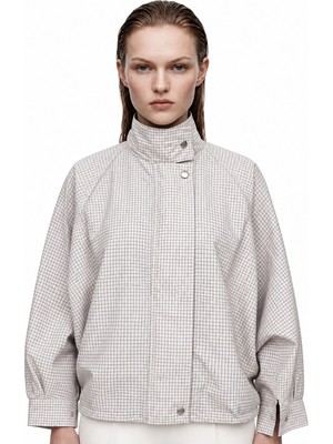 Hakke Oversize Dik Yaka Kare Desenli Bomber Ceket