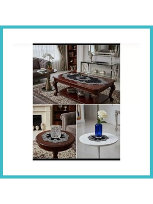 Defne Store Salon Takımı 5 Parça Velvet Kadife Dantelli Masa Örtüsü Runner Seti Elora Model - Siyah Dfnbez