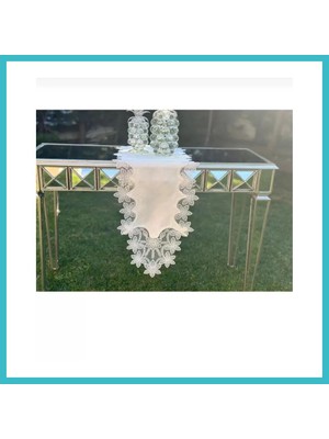 Defne Store Salon Takımı 5 Parça Dantelli Keten Masa Örtüsü Runner Seti Çeyizlik Selena Model No 96536 Krem Dfnbez