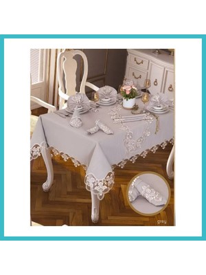 Defne Store Gardenya Keten Karanfil Gri 26 Parça 160 × 220 cm Masa Takımı 12 Kişilik Dfnbez