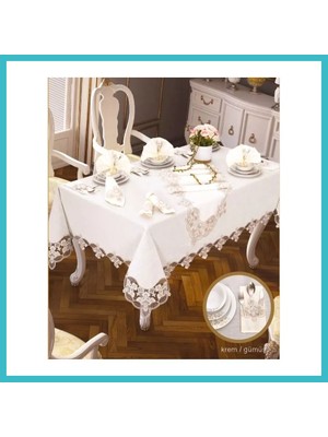 Defne Store Krem-Gümüş Karanfil Gardenya Keten 26 Parça 160 × 260CM Sofra Takımı Dfnbez