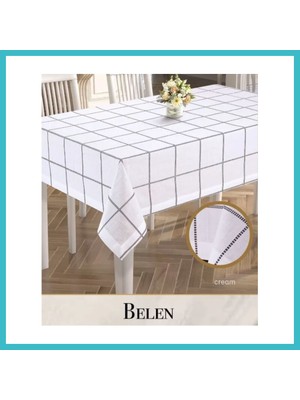 Defne Store Çeyizlik Keten Tek Masa Örtüsü Belen Model Krem 155X260 cm Yemek Masası Dekoratif Tasarım Dfnbez