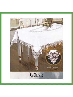 Bezos Gülse Model Keten Tek Masa Örtüsü 155X260 cm Krem Dantelli Yemek Masası Mgc