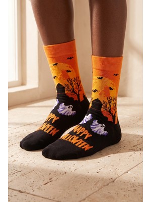 Bony Socks Unisex Happy Halloween Desenli Soket Çorap Turuncu