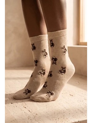 Bony Socks Unisex Teddy Desenli Pamuklu Soket Çorap Bej