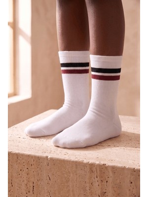 Bony Socks Çocuk Şerit Desenli Pamuklu Soket Çorap Bordo