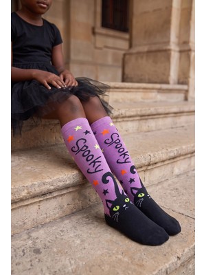 Bony Socks Kız Çocuk Halloween Temalı Spooky Desenli Dizaltı Çorap Lila