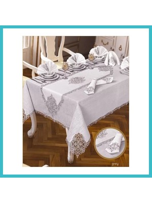 Defne Store Elegant Linen Krem-Gümüş 12 Kişilik 26 Parça 160 × 220 cm Premium Sofra Masa Takımı Dfnbez