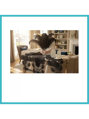 Defne Store Çeyizlik Palmiye Model Siyah 7 Parça Keten Masa Örtüsü Runner Seti Salon Takımı Şık Tasarım Dfnbez