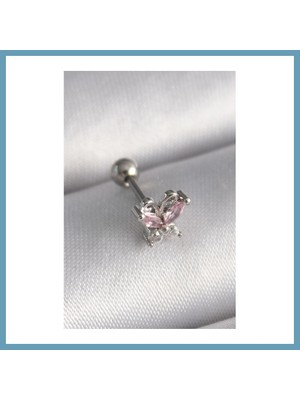 Bezos 316L Çelik Gümüş Renk Pembe Zirkon Taşlı Kelebek Tragus Piercing MBT06