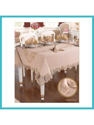 Defne Store Kapiçino Kartanesi Gardenya Keten 12 Kişilik 160 × 220 cm Yemek Takımı Masa Seti Dfnbez