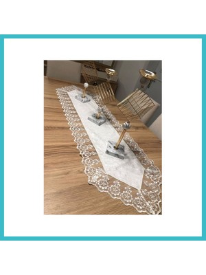 Defne Store Kadife Dantel Detaylı Krem Runner (140X40CM) Dfnbez