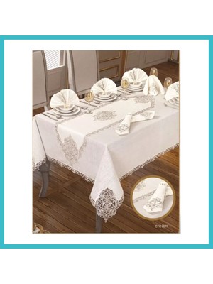 Defne Store 26 Parça Elegant Linen Krem-Gold 12 Kişilik 160 × 260 cm Masa Takımı Dfnbez