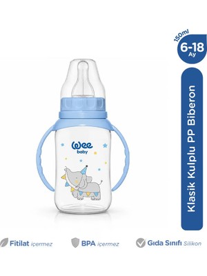 Wee Baby Klasik Kulplu Pp Yuvarlak Emzik Uçlu Biberon 150 Ml Yavaş Akış 0-6 Ay Mavi
