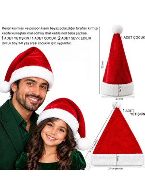 Pandoli Ithal Kadife Noel Baba Yılbaşı Şapkası 1 Yetişkin 1 Çocuk 2 Kişilik Aile Paketi Seti