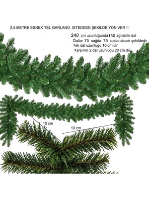 Pandoli 240 cm Yeşil Renk Yılbaşı Çam Dalı Garland Dekor Için Süsleme Dalı 150 Dallı