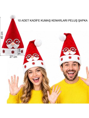 Pandoli 45 cm Ithal Kadife Gümüş Gözlük Bıyık Figürlü Noel Baba Yılbaşı Şapkası Yetişkin 10 Adet