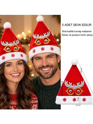 Pandoli 45 cm Ithal Kadife Renk Gözlük Gümüş Boynuz Figürlü Noel Baba Yılbaşı Şapkası Yetişkin 5 Adet