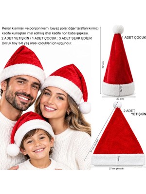 Pandoli Ithal Kadife Noel Baba Yılbaşı Şapkası 2 Yetişkin 1 Çocuk 3 Kişilik Aile Paketi Seti