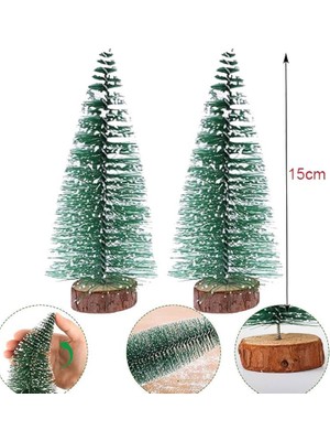 Pandoli Dekoratif 15 cm Masa Üzeri Karlı Iğne Yapraklı Yılbaşı Çam Ağacı 2 Adet